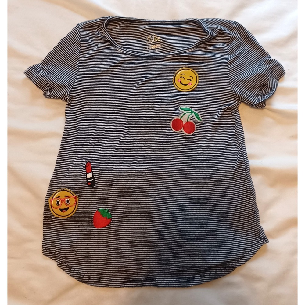 Justice T-Shirt Girls 7 Navy White Striped Emoji Fruit Patch School Nautical